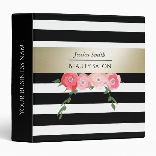 Watercolor roses gold black white stripes 3 ring binder