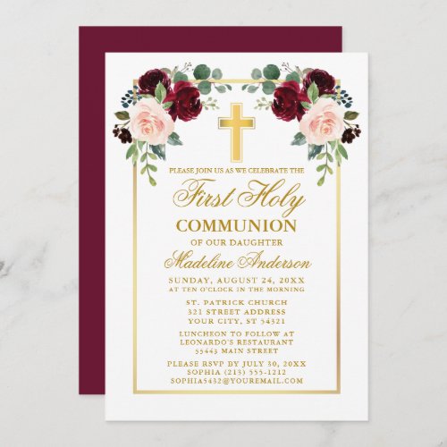 Watercolor Roses Gold Burgundy First Communion Invitation