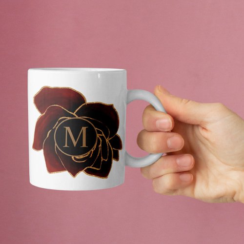 Watercolor Roses Gold Burgundy Monogram Coffee Mug