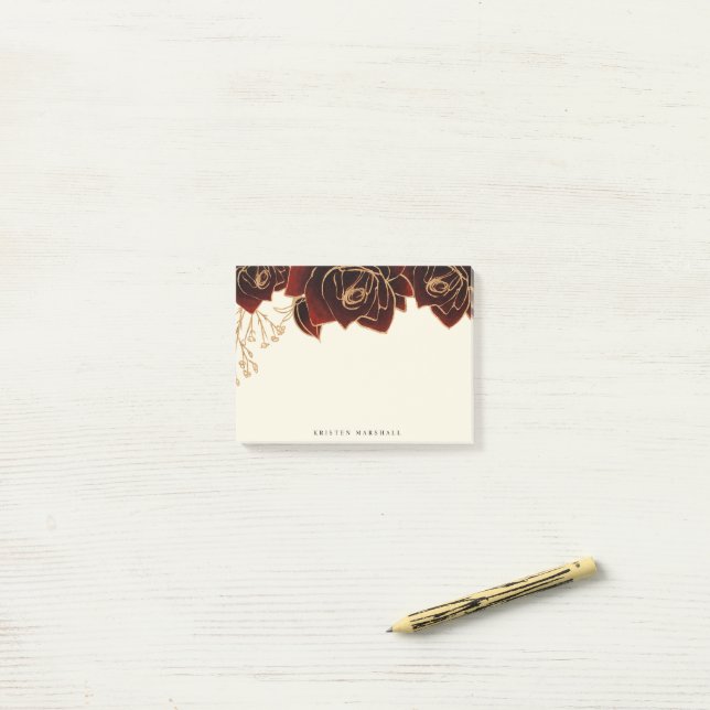 Watercolor Roses Gold Burgundy Monogram Post-it Notes (On Desk)
