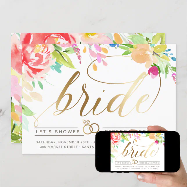 Watercolor Roses & Gold Diamond Ring Bridal Shower Invitation | Zazzle