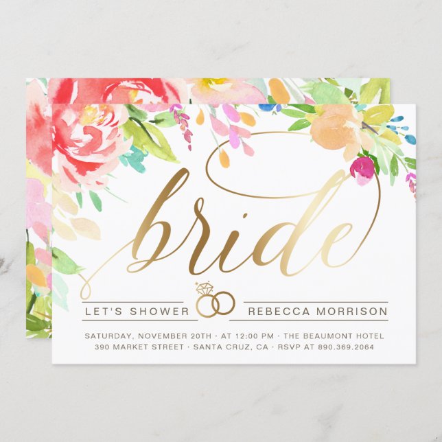 Watercolor Roses & Gold Diamond Ring Bridal Shower Invitation (Front/Back)