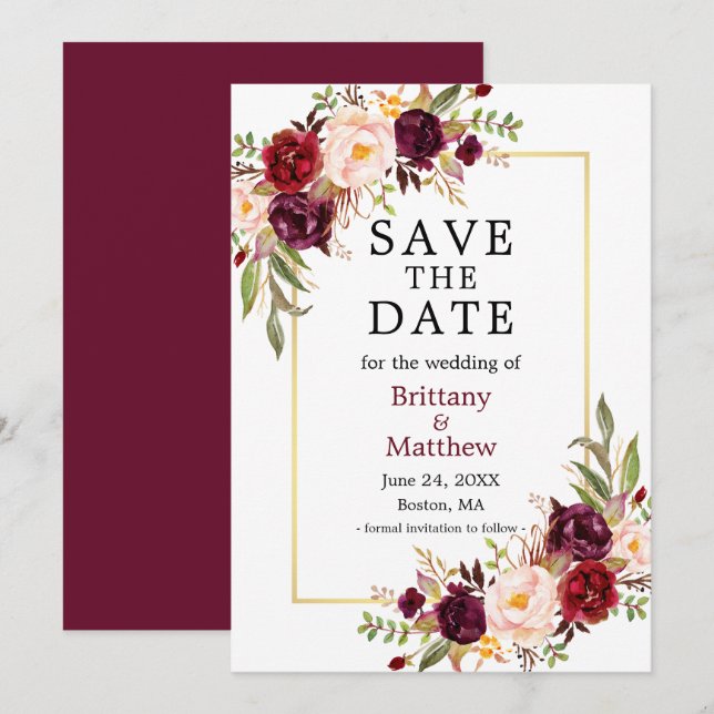 Watercolor Roses Gold Frame Burgundy Save The Date (Front/Back)