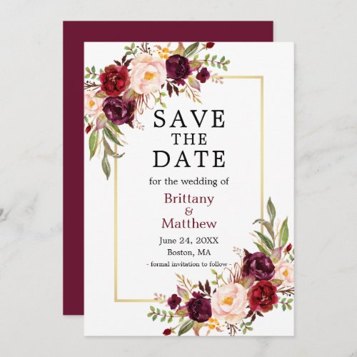 Watercolor Roses Gold Frame Burgundy Save The Date