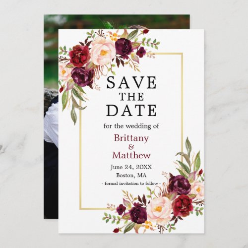 Watercolor Roses Gold Frame Photo Burgundy Save The Date