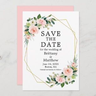Watercolor Roses Gold Geo Frame Pink Blush Save The Date