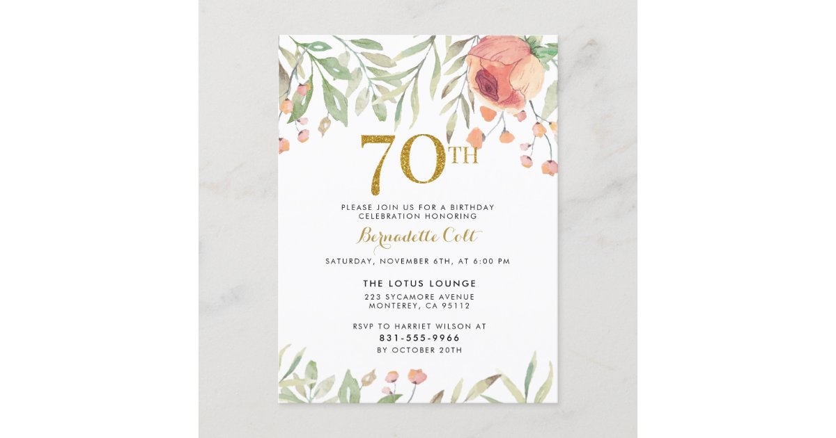 Watercolor Roses & Gold Glitter 70th Birthday Invitation Postcard
