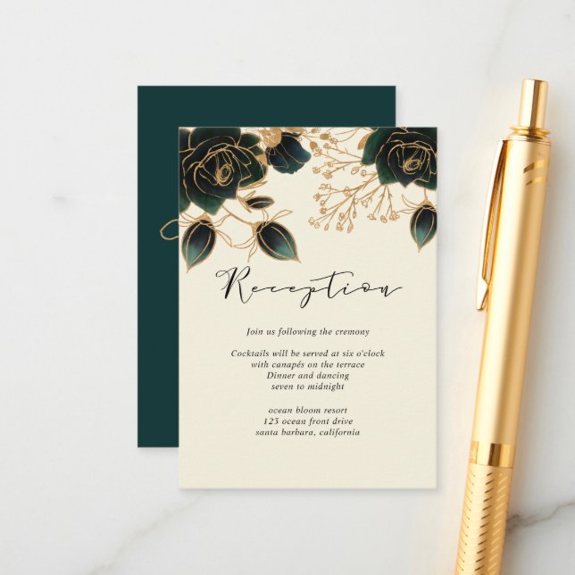 Watercolor Roses Gold Reception Enclosure Card (Front/Back In Situ)