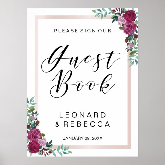 Watercolor roses Guest Book calligraphy sign (Front)