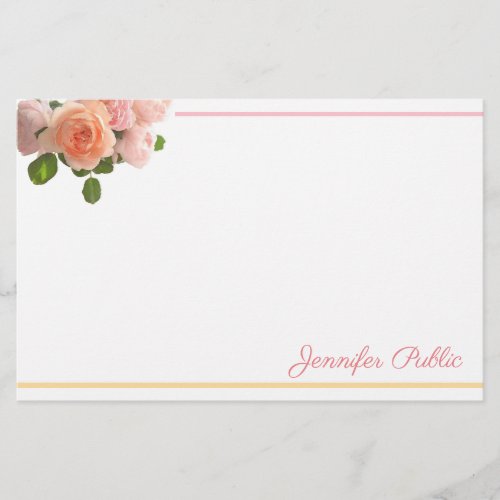 Watercolor Roses Hand Script Name Template Floral Stationery