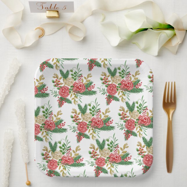 Watercolor Roses Holiday Paper Plates (Wedding)