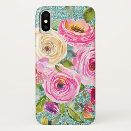 Watercolor Roses in Pink and Cream Aqua Glitter iPhone XS Case