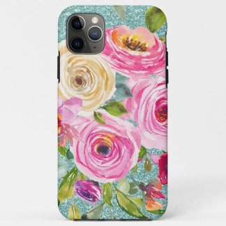 Watercolor Roses in Pink and Cream Aqua Glitter iPhone 11 Pro Max Case