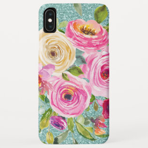 Watercolor Roses in Pink and Cream Aqua Glitter iPhone XS Max Case