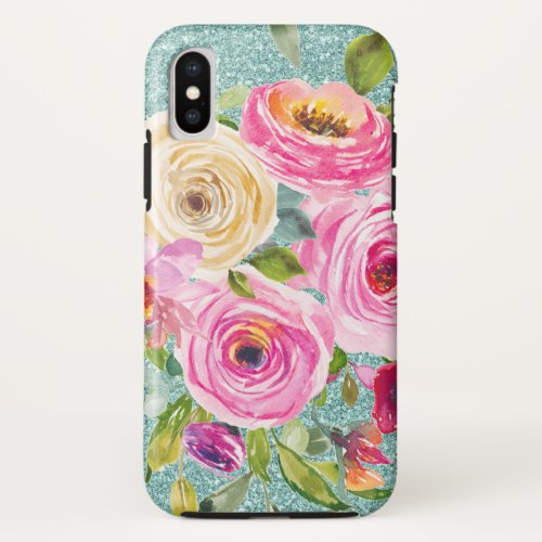 Watercolor Roses in Pink and Cream Aqua Glitter iPhone X Case