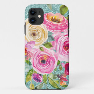 Watercolor Roses in Pink and Cream Aqua Glitter iPhone 11 Case