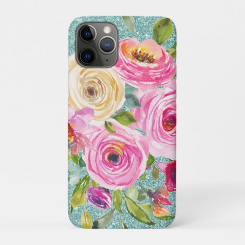 Watercolor Roses in Pink and Cream Aqua Glitter iPhone 11 Pro Case