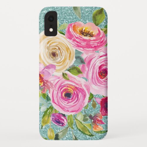 Watercolor Roses in Pink and Cream Aqua Glitter iPhone XR Case