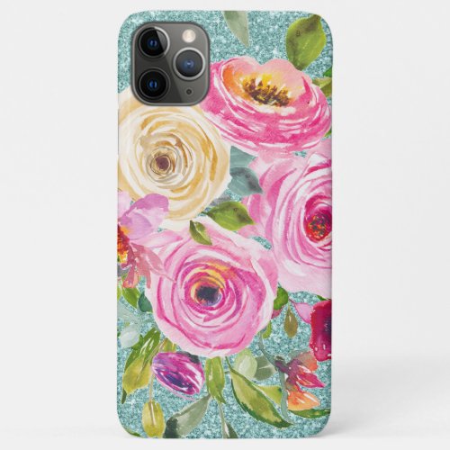 Watercolor Roses in Pink and Cream Aqua Glitter iPhone 11 Pro Max Case