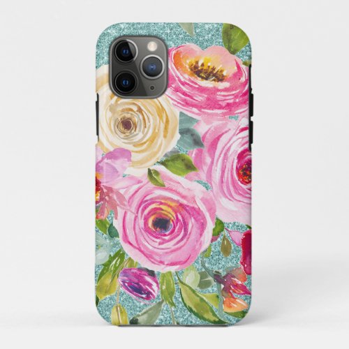 Watercolor Roses in Pink and Cream Aqua Glitter iPhone 11 Pro Case