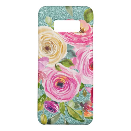 Watercolor Roses in Pink and Cream Aqua Glitter Case_Mate Samsung Galaxy S8 Case