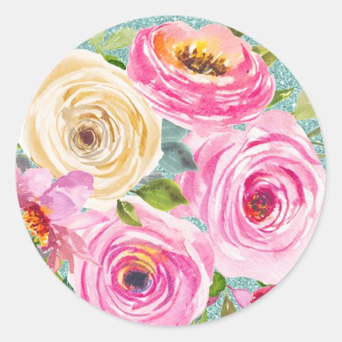 Watercolor Roses in Pink and Cream Aqua Glitter Classic Round Sticker