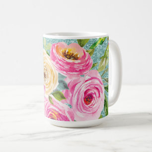 Watercolor Roses in Pink and Cream Aqua Glitter Coffee Mug