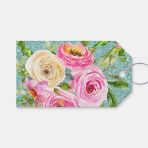 Watercolor Roses in Pink and Cream Aqua Glitter Gift Tags