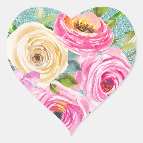 Watercolor Roses in Pink and Cream Aqua Glitter Heart Sticker