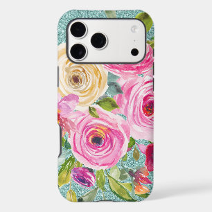 Watercolor Roses in Pink and Cream Aqua Glitter iPhone 17 Pro Max Case