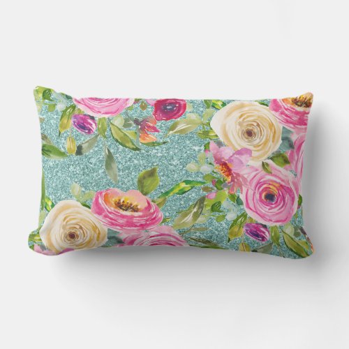 Watercolor Roses in Pink and Cream Aqua Glitter Lumbar Pillow