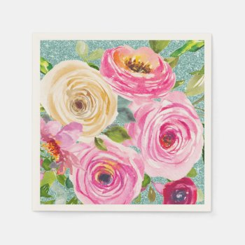 Watercolor Roses In Pink And Cream Aqua Glitter Napkins by Mistflower at Zazzle