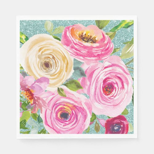 Watercolor Roses in Pink and Cream Aqua Glitter Napkins