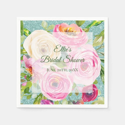 Watercolor Roses in Pink and Cream Aqua Glitter Napkins