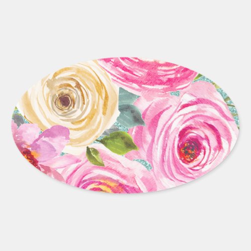 Watercolor Roses in Pink and Cream Aqua Glitter Oval Sticker