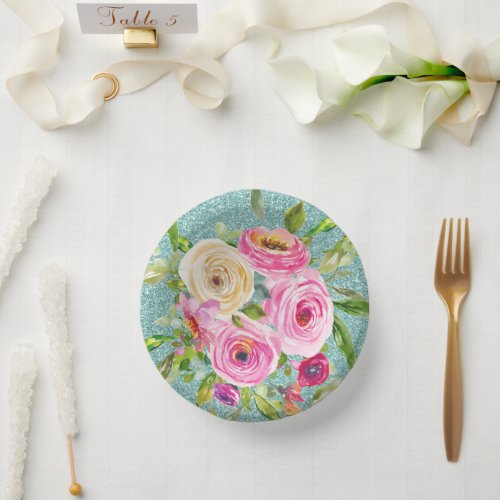 Watercolor Roses in Pink and Cream Aqua Glitter Paper Bowls