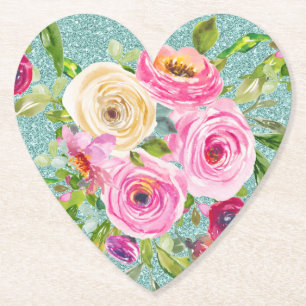 Watercolor Roses in Pink and Cream Aqua Glitter Paper Coaster