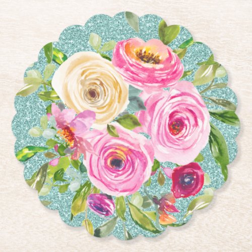 Watercolor Roses in Pink and Cream Aqua Glitter Paper Coaster