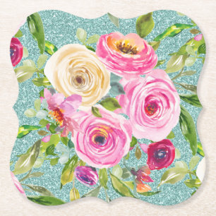 Watercolor Roses in Pink and Cream Aqua Glitter Paper Coaster