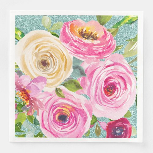 Watercolor Roses in Pink and Cream Aqua Glitter Paper Dinner Napkins