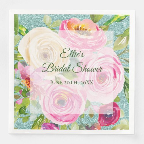 Watercolor Roses in Pink and Cream Aqua Glitter Paper Dinner Napkins