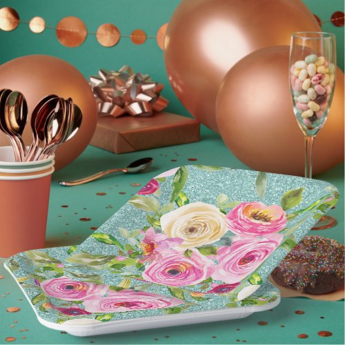 Watercolor Roses in Pink and Cream Aqua Glitter Paper Plates