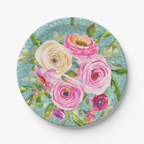 Watercolor Roses in Pink and Cream Aqua Glitter Paper Plates