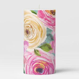 Watercolor Roses in Pink and Cream Aqua Glitter Pillar Candle