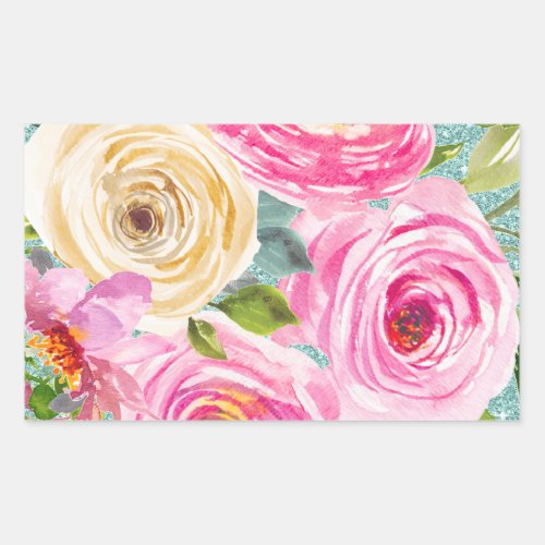 Watercolor Roses in Pink and Cream Aqua Glitter Rectangular Sticker