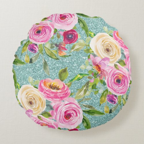 Watercolor Roses in Pink and Cream Aqua Glitter Round Pillow