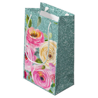 Watercolor Roses in Pink and Cream Aqua Glitter Small Gift Bag