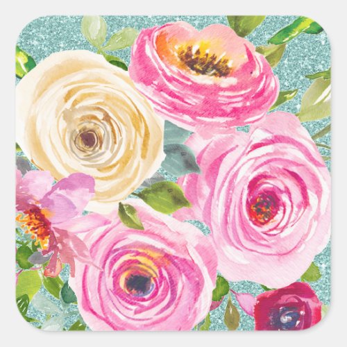 Watercolor Roses in Pink and Cream Aqua Glitter Square Sticker