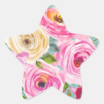 Watercolor Roses In Pink And Cream Aqua Glitter Star Sticker by Mistflower at Zazzle