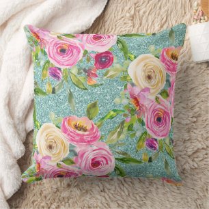 Watercolor Roses in Pink and Cream Aqua Glitter Throw Pillow